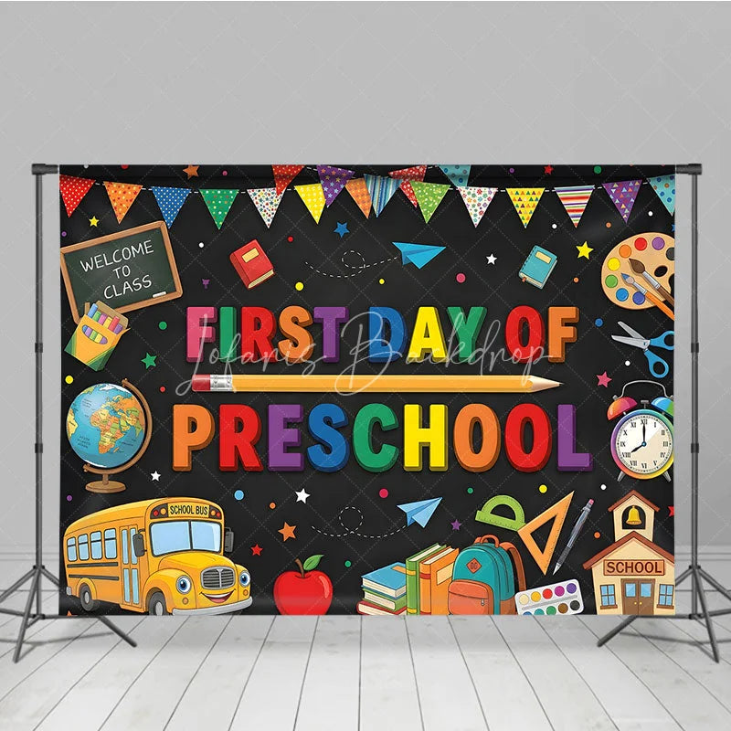 Lofaris Colorful First Day of Preschool Holiday Backdrop with School Bus and Books Welcome to Class Celebration