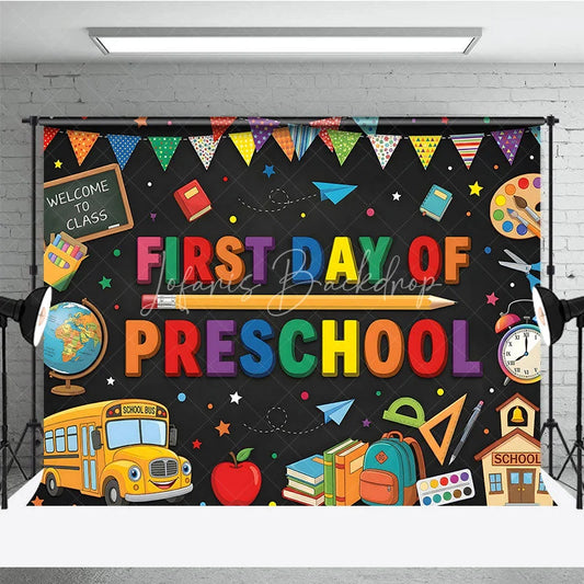 Lofaris Colorful First Day of Preschool Holiday Backdrop with School Bus and Books Welcome to Class Celebration