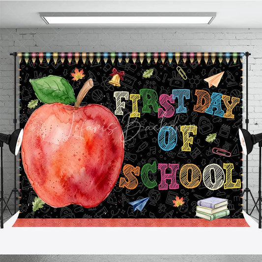Lofaris Colorful First Day of School Holiday Backdrop featuring a Red Apple and Supplies Chalkboard Design