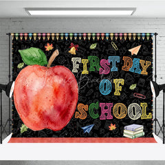 Lofaris Colorful First Day of School Holiday Backdrop featuring a Red Apple and Supplies Chalkboard Design