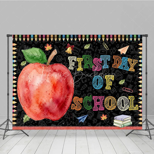 Lofaris Colorful First Day of School Holiday Backdrop featuring a Red Apple and Supplies Chalkboard Design
