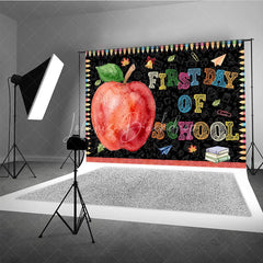 Lofaris Colorful First Day of School Holiday Backdrop featuring a Red Apple and Supplies Chalkboard Design