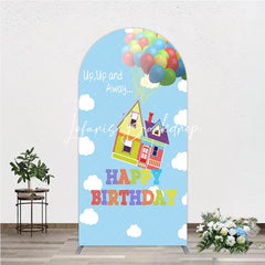 Lofaris Colorful Floating House and Balloons Happy Birthday Round Top Arch Backdrop Whimsical Party Decor.