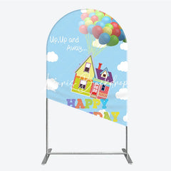 Lofaris Colorful Floating House and Balloons Happy Birthday Round Top Arch Backdrop Whimsical Party Decor.