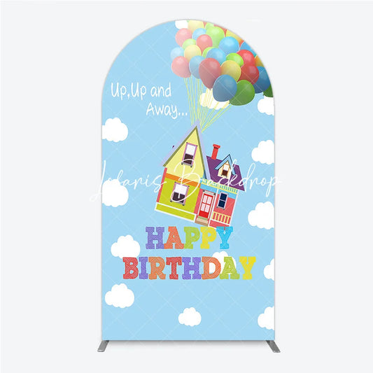 Lofaris Colorful Floating House and Balloons Happy Birthday Round Top Arch Backdrop Whimsical Party Decor.