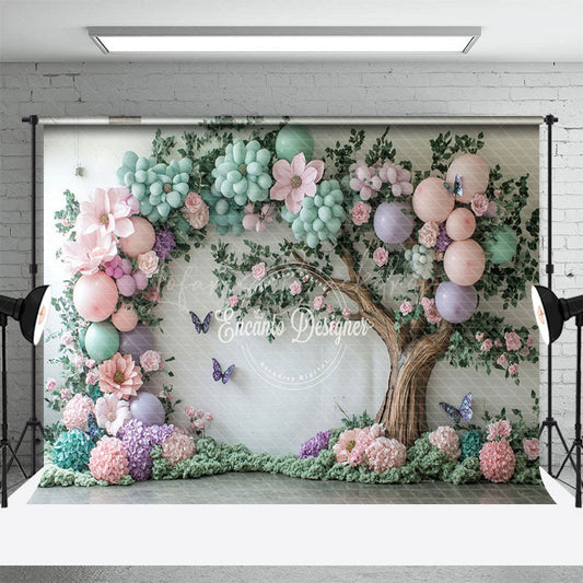 Lofaris Colorful Floral Balloons Tree Cake Smash Backdrop