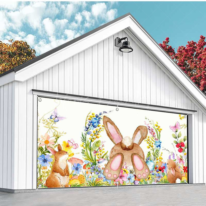 Lofaris Colorful Floral Cute Bunny Easter Garage Door Banner