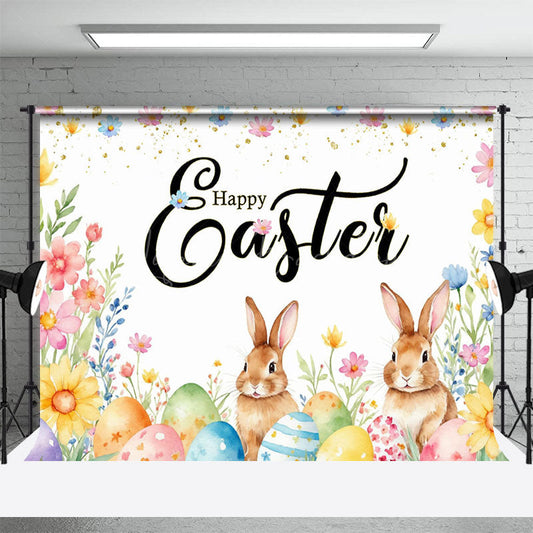 Lofaris Colorful Floral Eggs Cute Bunny Easter Backdrop