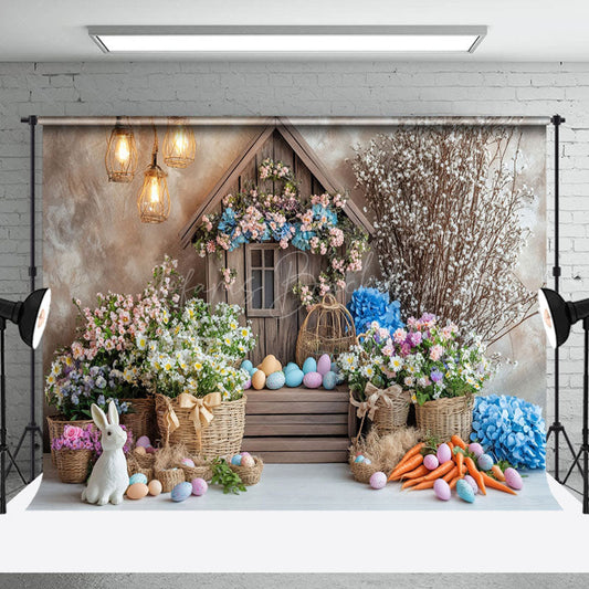 Lofaris Colorful Floral Eggs Wood House Bunny Easter Backdrop