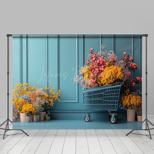 Lofaris Colorful Floral Trolley Blue Vintage Wall Backdrop