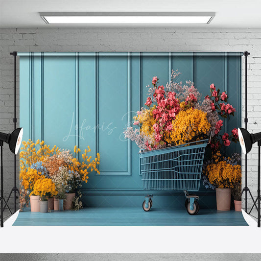 Lofaris Colorful Floral Trolley Blue Vintage Wall Backdrop
