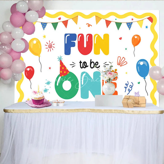 Lofaris Colorful Fun to be One First Birthday Backdrop with Balloons and Party Hat Festive Celebration Decor
