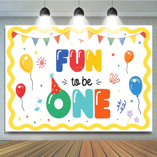 Lofaris Colorful Fun to be One First Birthday Backdrop with Balloons and Party Hat Festive Celebration Decor