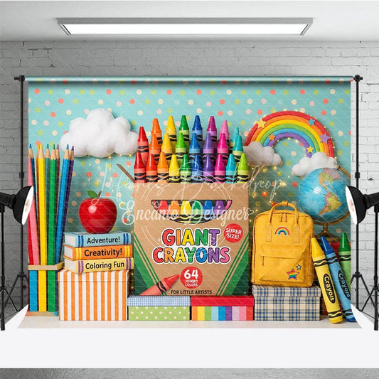 Lofaris Colorful Giant Crayons and School Supplies Photography Backdrop featuring Rainbow Books Apple for Kids