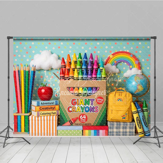 Lofaris Colorful Giant Crayons and School Supplies Photography Backdrop featuring Rainbow Books Apple for Kids