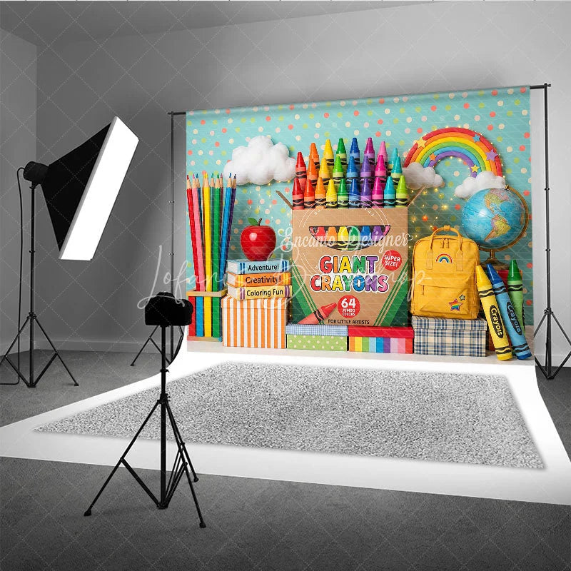 Lofaris Colorful Giant Crayons and School Supplies Photography Backdrop featuring Rainbow Books Apple for Kids