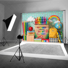 Lofaris Colorful Giant Crayons and School Supplies Photography Backdrop featuring Rainbow Books Apple for Kids