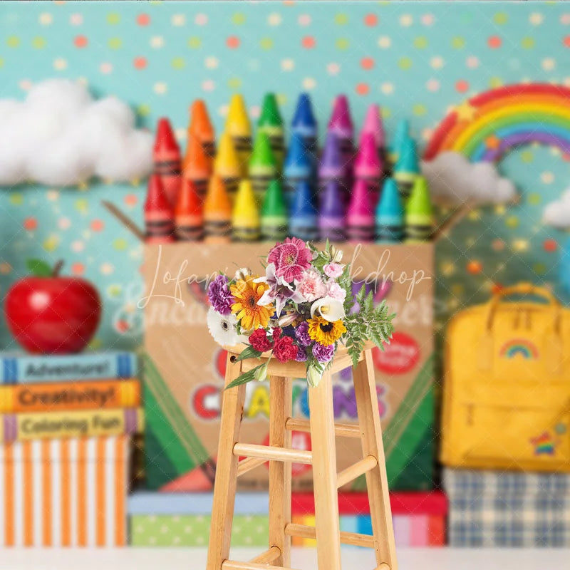Lofaris Colorful Giant Crayons and School Supplies Photography Backdrop featuring Rainbow Books Apple for Kids