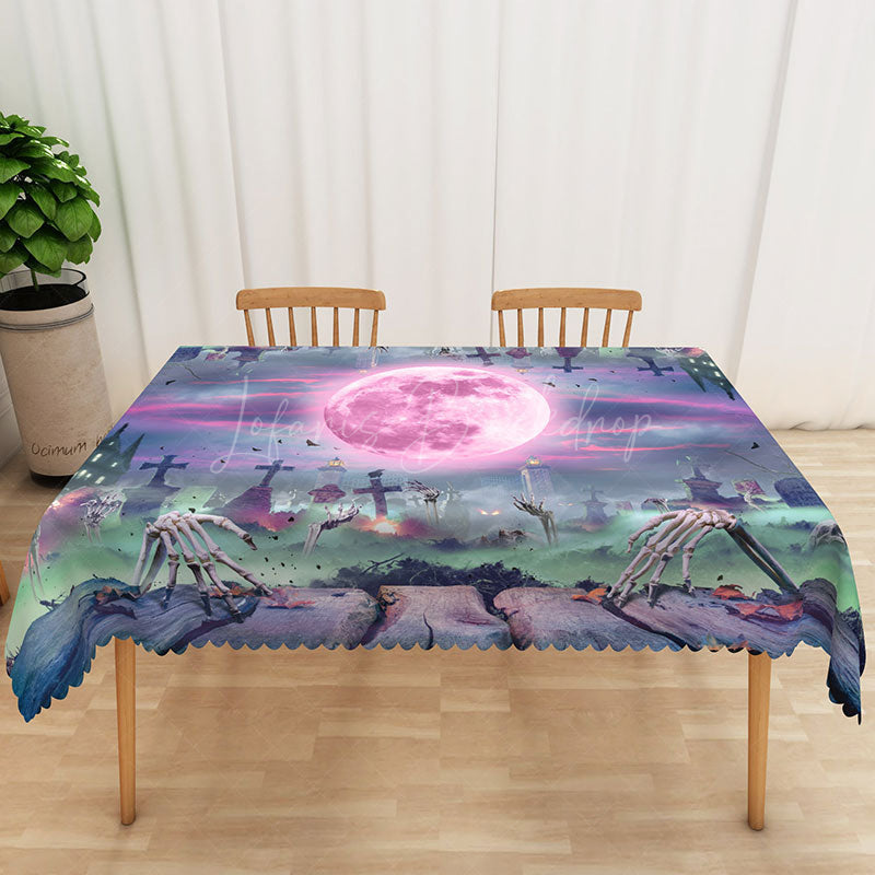 Lofaris Colorful Halloween Graveyard Rectangle Tablecloth for Spooky and Artistic Haunted Cemetery Party Decor