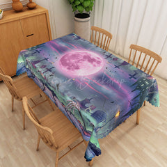 Lofaris Colorful Halloween Graveyard Rectangle Tablecloth for Spooky and Artistic Haunted Cemetery Party Decor