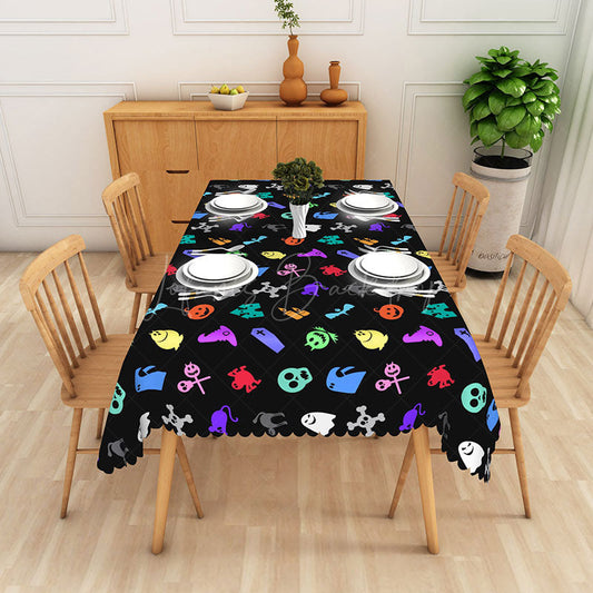 Lofaris Colorful Halloween Rectangle Tablecloth with Skulls and Bats for Fun Vibrant Spooky Party Decor