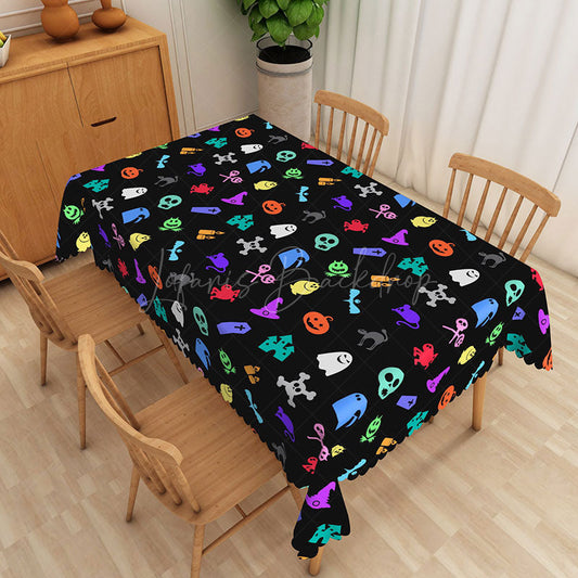 Lofaris Colorful Halloween Rectangle Tablecloth with Skulls and Bats for Fun Vibrant Spooky Party Decor