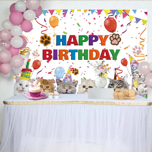 Lofaris Colorful Happy Birthday Backdrop Featuring Cute Cartoon Cats Balloons and Confetti for Festive Pet Party