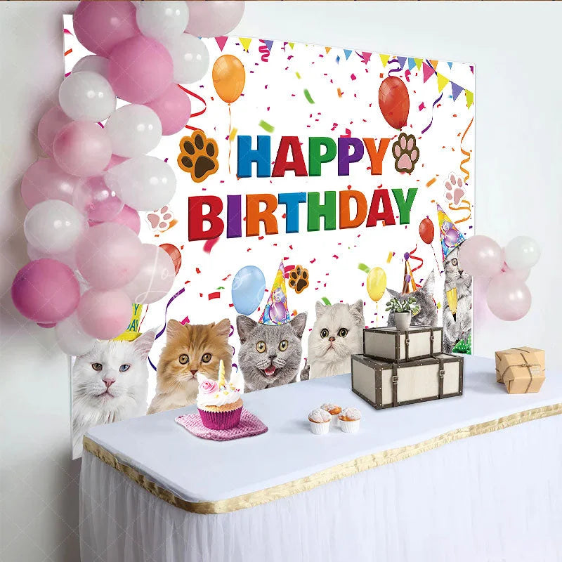 Lofaris Colorful Happy Birthday Backdrop Featuring Cute Cartoon Cats Balloons and Confetti for Festive Pet Party
