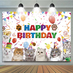 Lofaris Colorful Happy Birthday Backdrop Featuring Cute Cartoon Cats Balloons and Confetti for Festive Pet Party