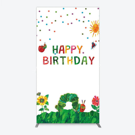 Lofaris Colorful Happy Birthday Rectangle Backdrop with Whimsical Caterpillar Sun and Ladybug for Kids Party Decor