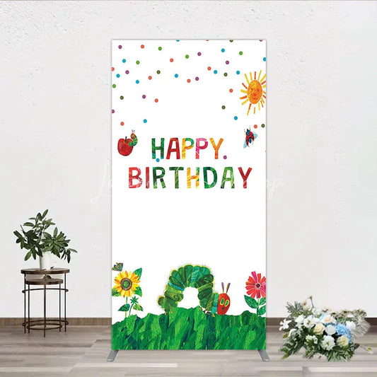 Lofaris Colorful Happy Birthday Rectangle Backdrop with Whimsical Caterpillar Sun and Ladybug for Kids Party Decor