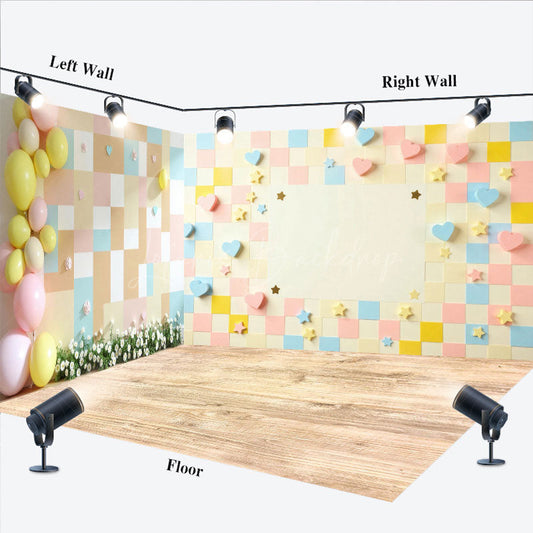 Lofaris Colorful Heart Plaid Wall Wedding Room Set Backdrop