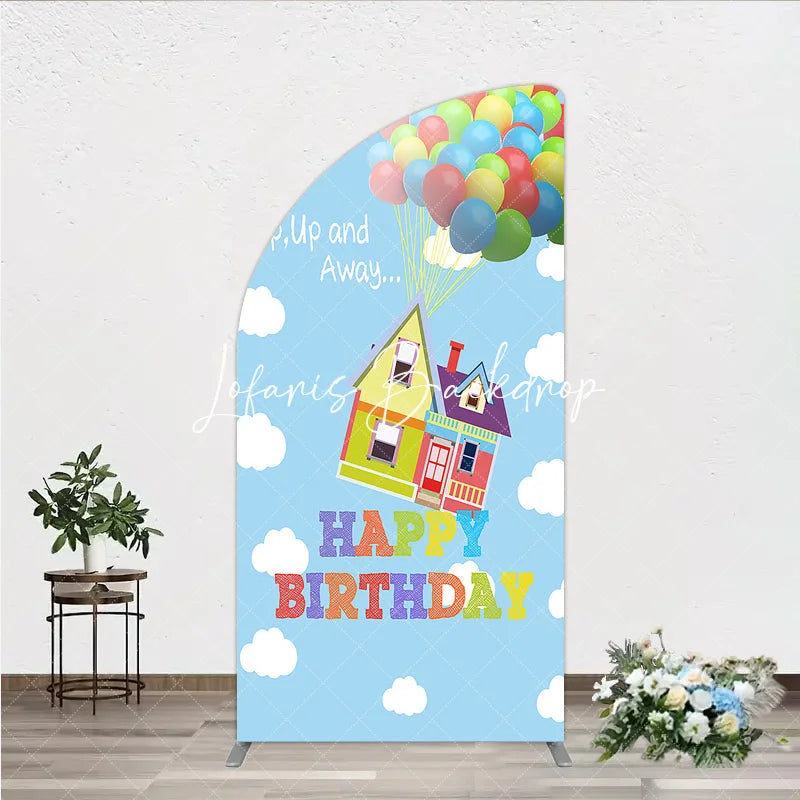 Lofaris Colorful House and Balloons ’Up Up Away’ Happy Birthday Half Moon Arch Backdrop Whimsical Party Decor