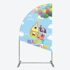 Lofaris Colorful House and Balloons ’Up Up Away’ Happy Birthday Half Moon Arch Backdrop Whimsical Party Decor
