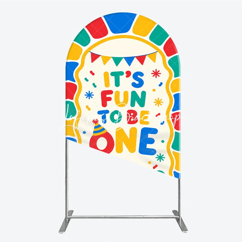 Lofaris Colorful Its Fun to Be One First Birthday Round Top Arch Backdrop featuring Balloons and Confetti