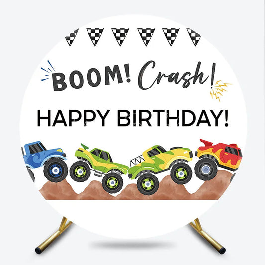Lofaris Colorful Monster Truck Racing Round Backdrop with Checkered Flags Boom Crash Happy Birthday Party Decor