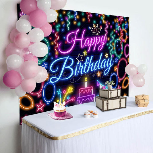 Lofaris Colorful Neon Ribbons Cake Happy Birthday Backdrop