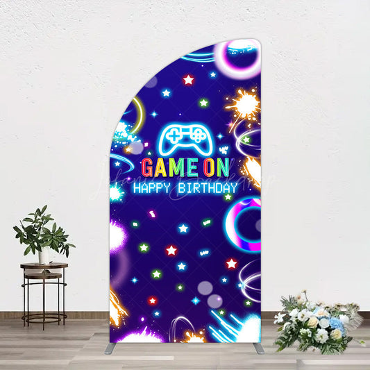 Lofaris Colorful Neon Stars Game On Birthday Half Moon Arch Backdrop