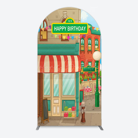Lofaris Colorful Old Town Street Happy Birthday Arch Backdrop