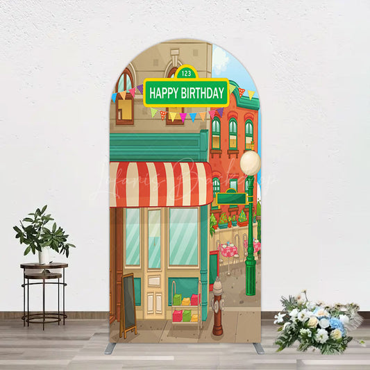 Lofaris Colorful Old Town Street Happy Birthday Arch Backdrop