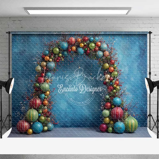 Lofaris Colorful Ornament Arch Christmas Backdrop Textured Blue Bauble Photography Background