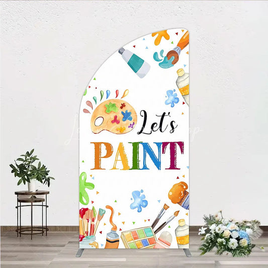 Lofaris Colorful Paint Palette and Brushes Half Moon Arch Backdrop Let’s Art Party for Birthday Celebration