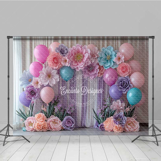 Lofaris Colorful Paper Flowers Cake Smash Backdrop Pastel 3D Floral Wall with Balloons First Birthday Photo Prop Decor