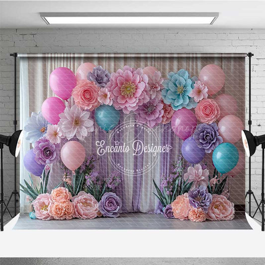 Lofaris Colorful Paper Flowers Cake Smash Backdrop Pastel 3D Floral Wall with Balloons First Birthday Photo Prop Decor