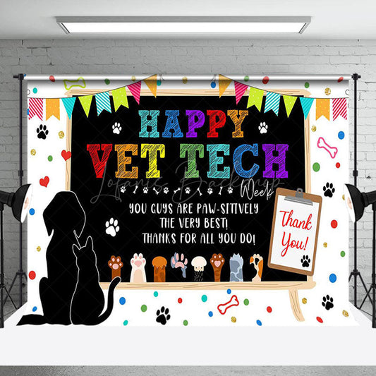 Lofaris Colorful Paw Print Happy Vet Tech Thank You Backdrop