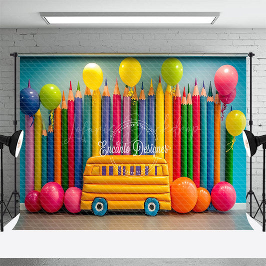 Lofaris Colorful Pencil Balloon School Bus Scene Backdrop