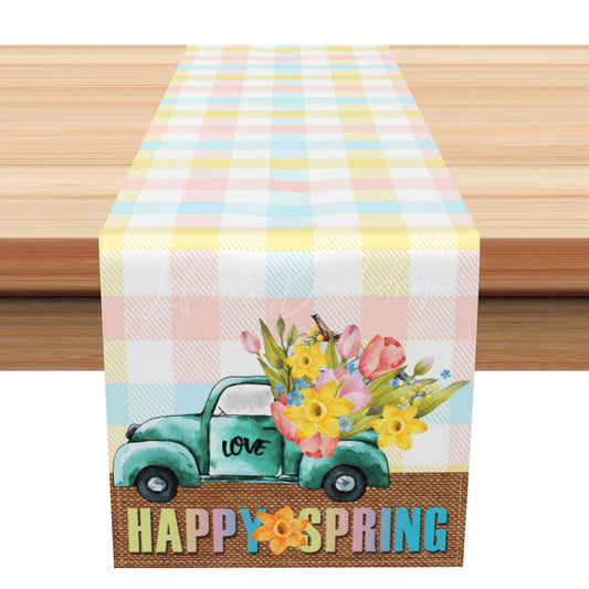 Lofaris Colorful Plaid Love Truck Floral Spring Table Runner