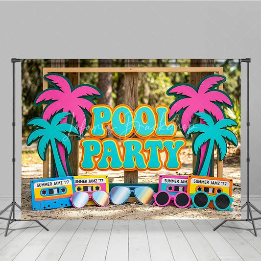 Lofaris Colorful Pool Party Photography Backdrop featuring Retro Palm Trees Summer Jamz Cassette Tapes and Sunglasses