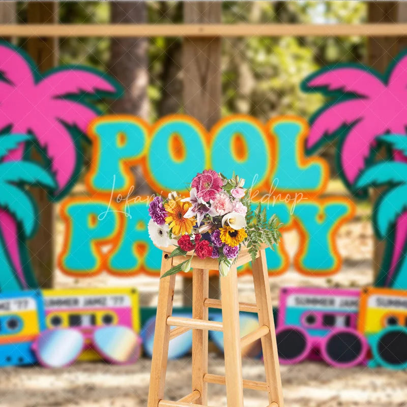Lofaris Colorful Pool Party Photography Backdrop featuring Retro Palm Trees Summer Jamz Cassette Tapes and Sunglasses