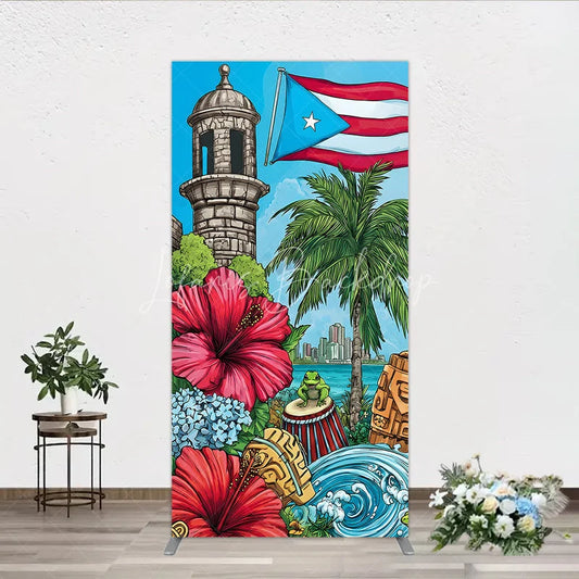 Lofaris Colorful Puerto Rico Tropical Island Rectangle Arch Backdrop with Flag Historic Tower and Coqui Frog